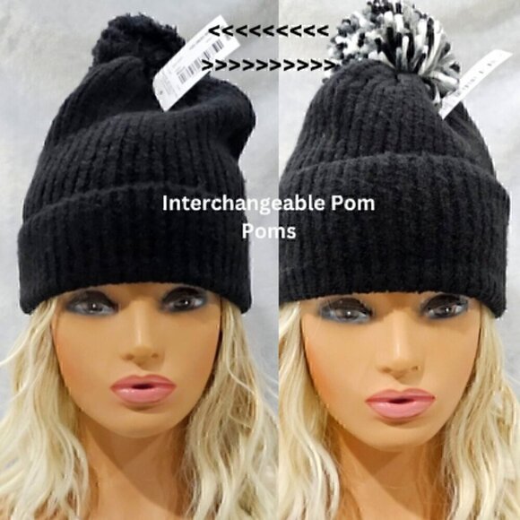 Detachable or Interchangeable Two Pom Beanie Cuffed Winter Knit Hat in Black - Picture 1 of 8